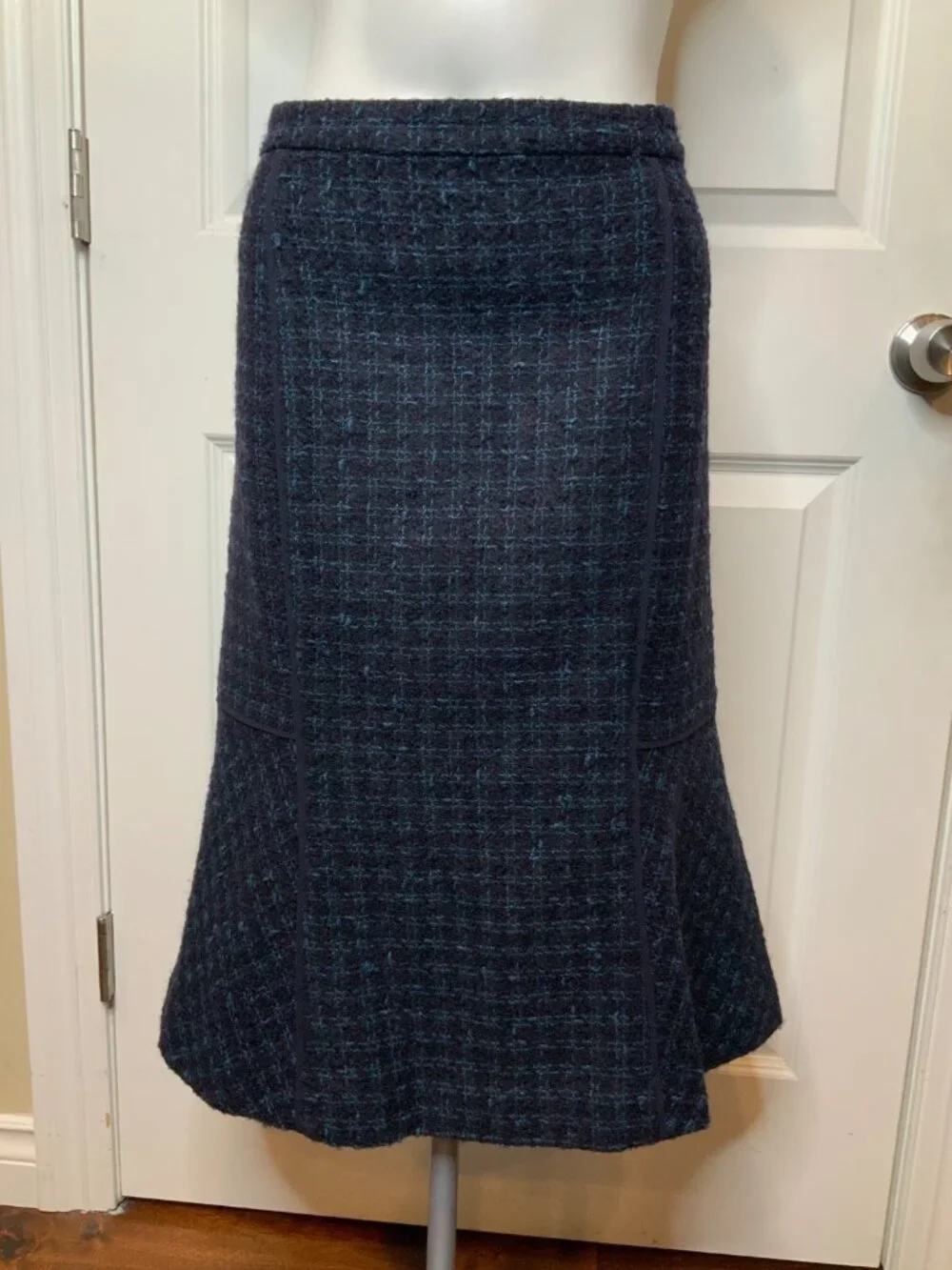 Tory Burch Blue Tweed Wool Flare Skirt, Size 12